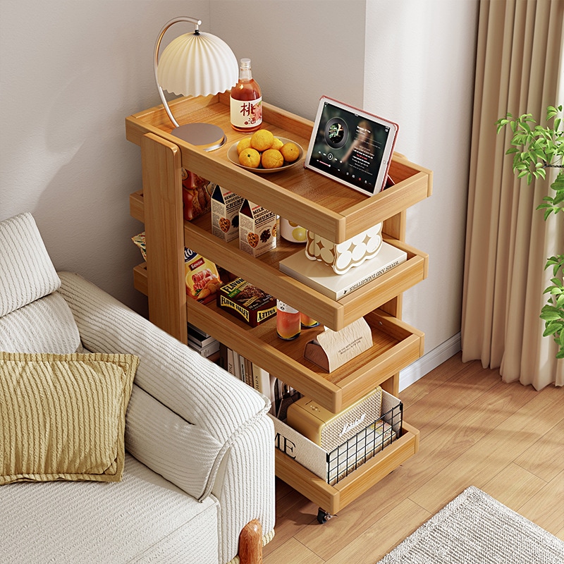 ソリッドウッドスリットスリットストレージラックウルトラシンの狭い可動トロリーホームホームリビングルーム多機能ストレージラック