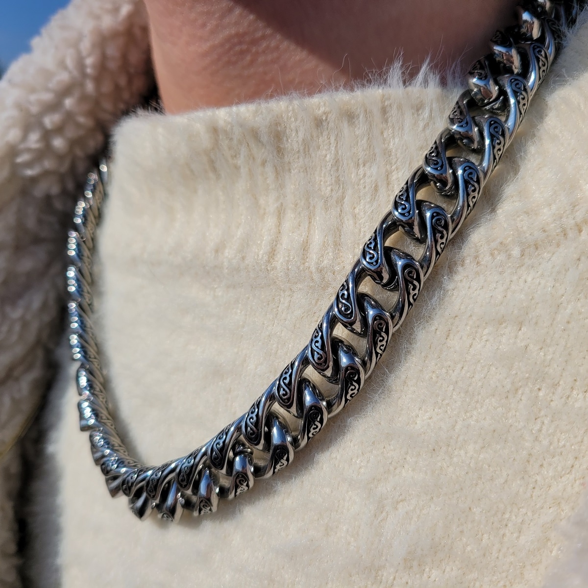 ノーブルンサージカルスチール14mmクロム柄名品チェーンメンズ韓国芸能人ネックレスプレゼント