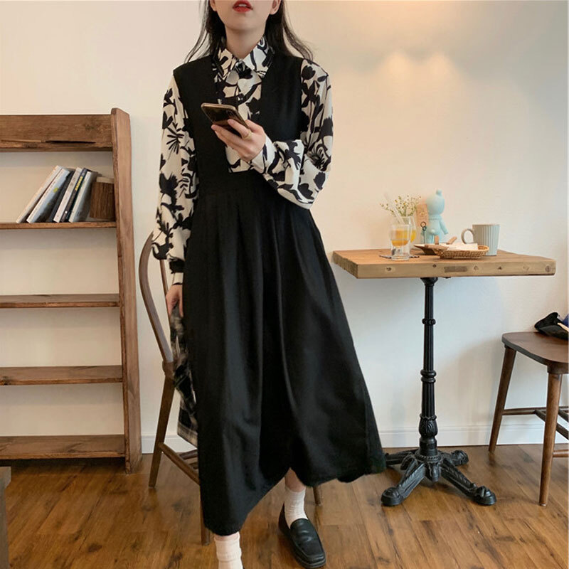 ゆったりサイズ ワンピース サスペンダーワンピ シャツ ロング丈 アンクル丈 袖あり 長袖 襟付き POLO襟 フレア Aライン ハイウエスト 2点セット ツーピース かわいい 大人可愛い おしゃれ