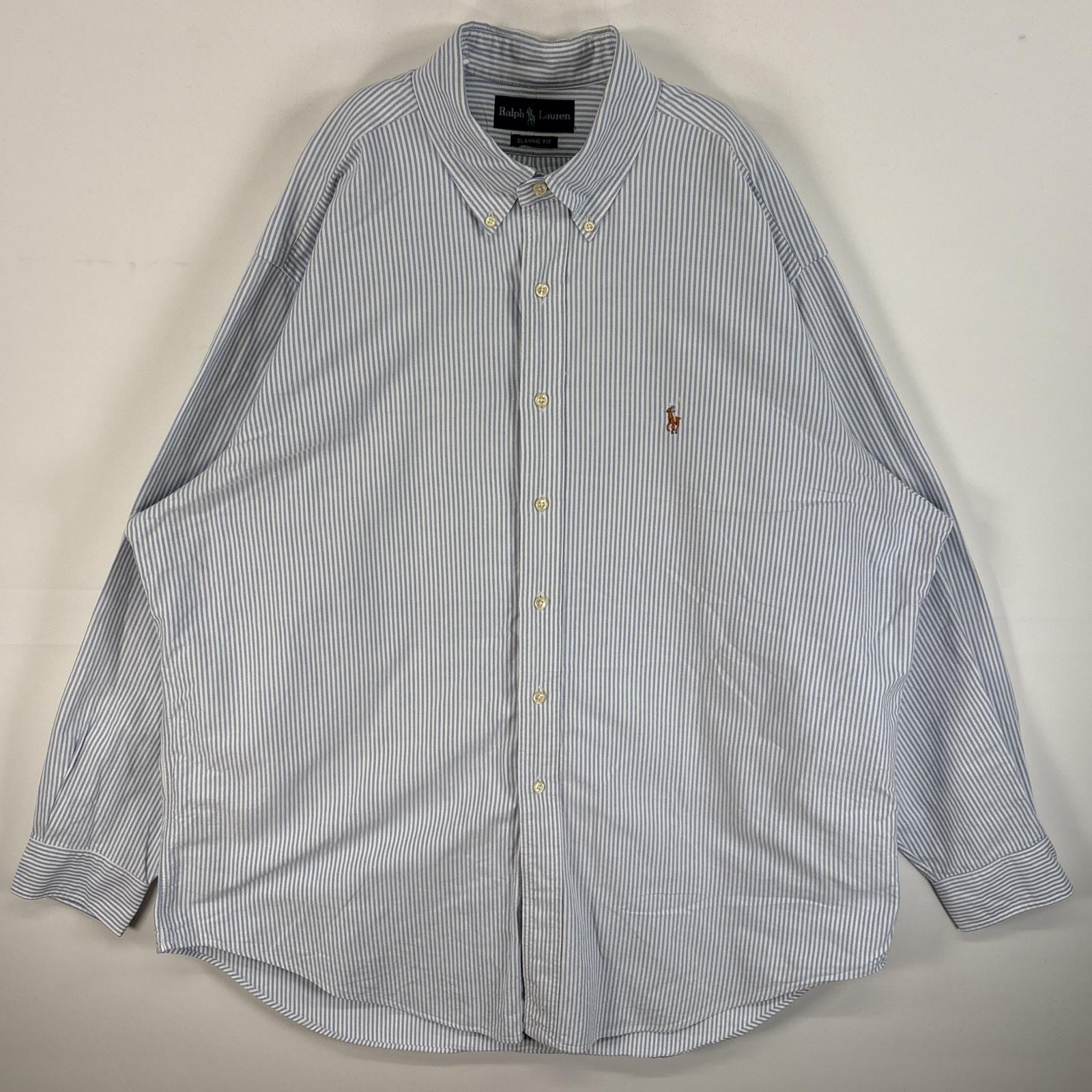 古着 90s/90年代 長袖シャツ ワンポイント ロゴ 刺繍 ボタンダウンシャツ オックスフォードシャツ 水色系 ストライプ メンズ 5,500円