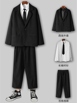 カジュアルスーツの3つのセットがゆったりしています韓国版のトレンドDK制服男性JKスーツ学院風アフロ