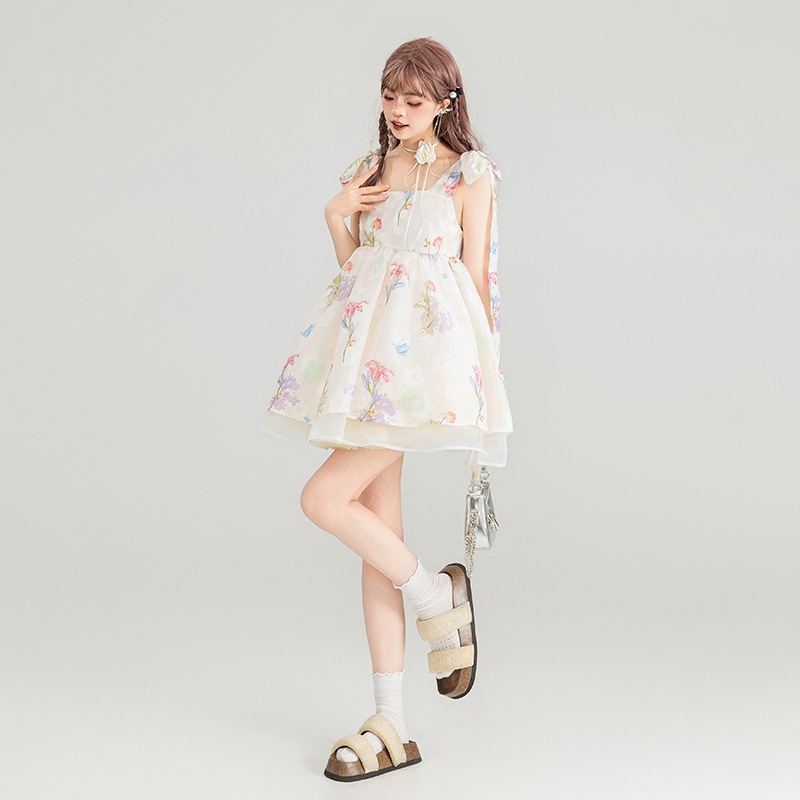 花柄サスペンダードレス 2024夏 ピュアラスト フェアリーホワイト ふわふわプリンセススカート 7,148円