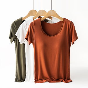 胸パッド付き下着なし半袖Tシャツホームキャミソール女性用アウター女性用ボトミングシャツ半袖夏