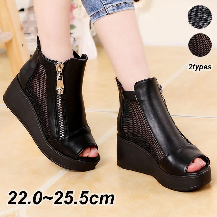 サマーブーツ ブーツサンダル メッシュ 通気性 透け感 オープントゥ 厚底サンダル 厚底靴 レディース サンダル ショート ヒール11 ブラック 黒 22.0-25.5