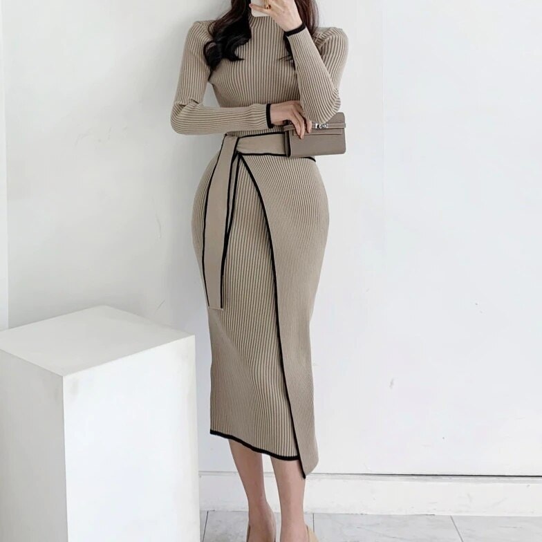 2色 ワンピース 長袖 秋冬 きれいめ ニット ワンピ ズボン ミモレ ミモレ丈 ロング 7分丈 ミディアム丈 ミドル丈 萌袖 スリム タイト 細身 切り替えデザイン リボン ウエストマーク ウエスト