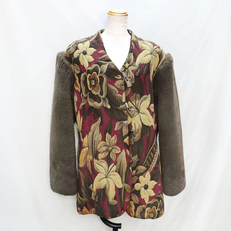 ゴブラン織り 切り替え フォックス ファー ジャケット レッドブラウン 肩パッド入り 大柄 花柄 オーバーサイズ パフスリーブ ダッフルボタン アジアンテイスト 送料無料 レディース ギフト プレゼン