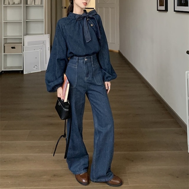 セットアップ ボウタイデニムトップス＋ワイドレッグデニムパンツ 大人可愛い 韓国 人気 トレンド 新作 20代 30代 40代 きれいめ レトロ シンプル お出かけ デート おしゃれ 通勤 通学 オフ