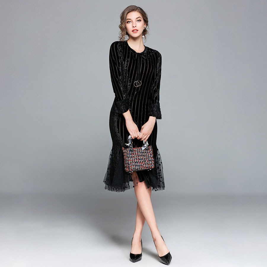 ベロア パーティードレス 黒 L 即納 マーメイド ワンピース ベルベット MD-S61456 袖あり 長袖 結婚式 二次会 レディース