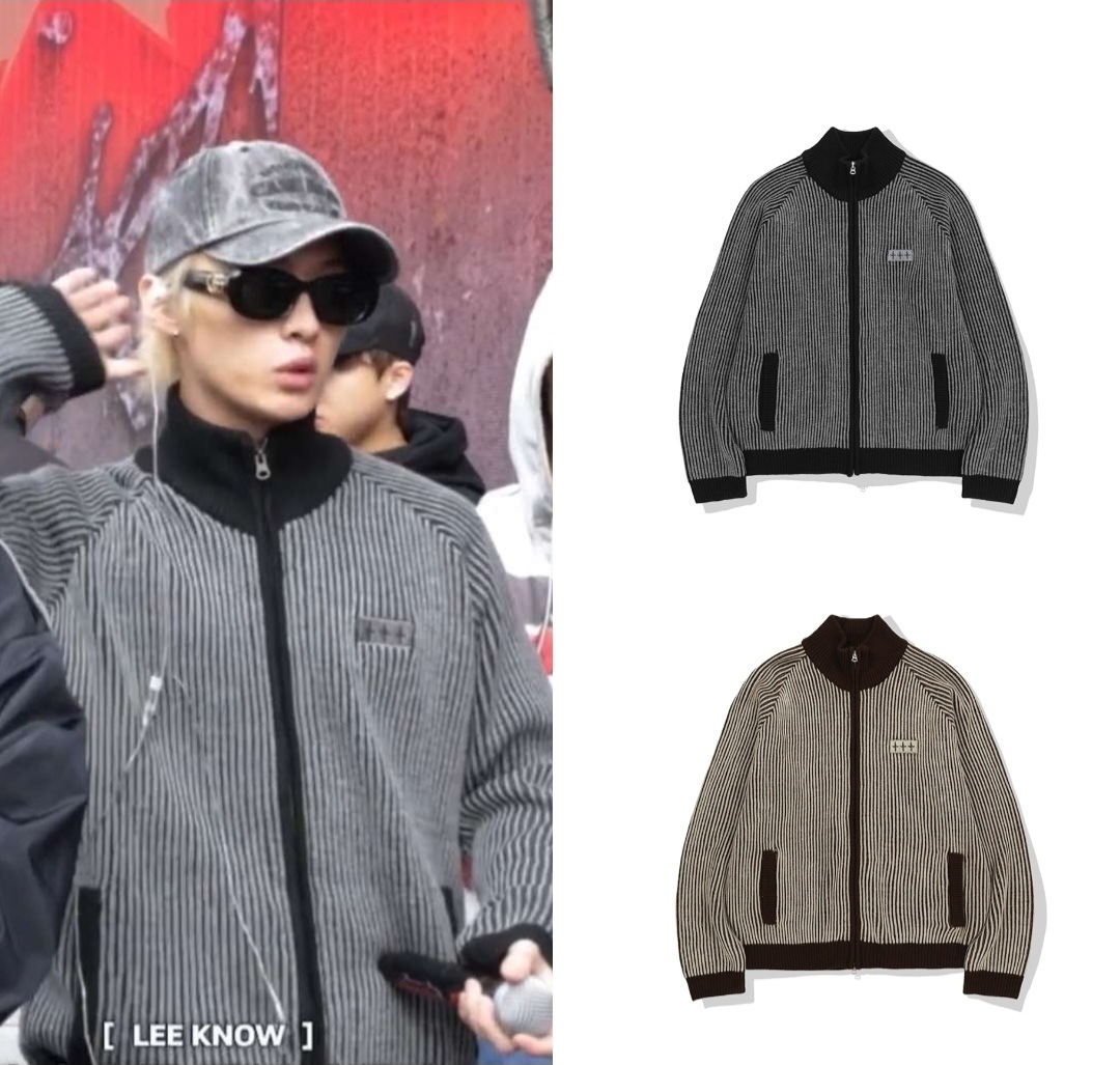 tray Kids リノ 着用 444 Logo Two Tone Rib Knit Zip Up 2色