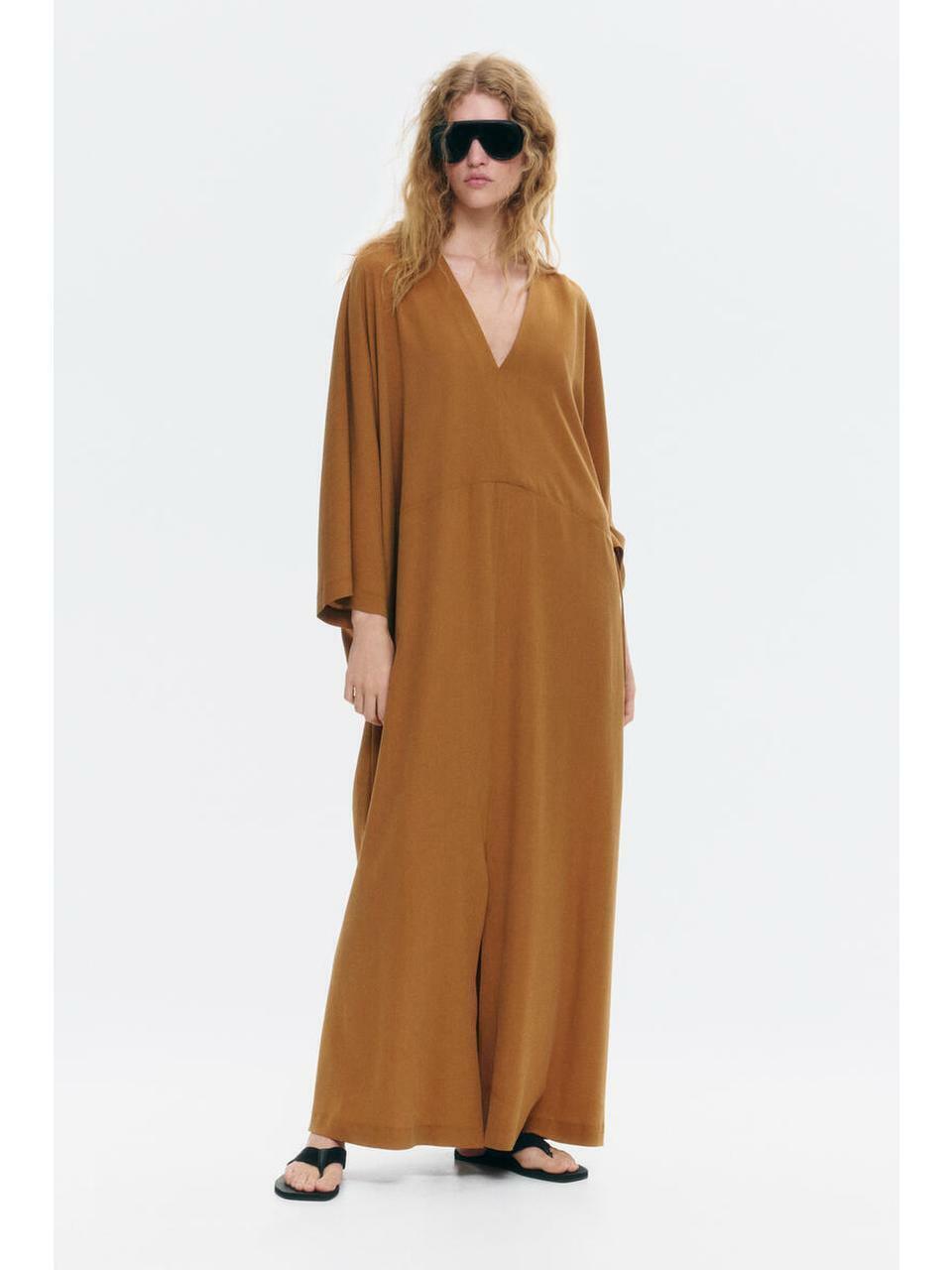 H&M タイディテールクレープドレスダークベージュ 1345543001