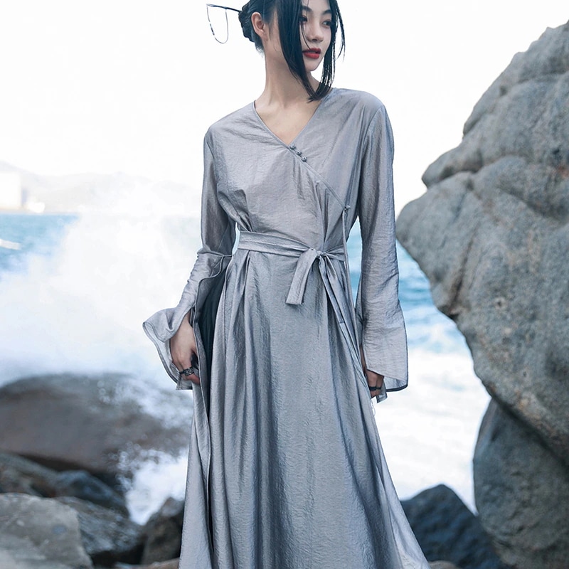 チャイナ風ワンピース ロング Vネック シャツワンピース スリットワンピース 改良チャイナドレス 長袖 中華服 シルバーグレー