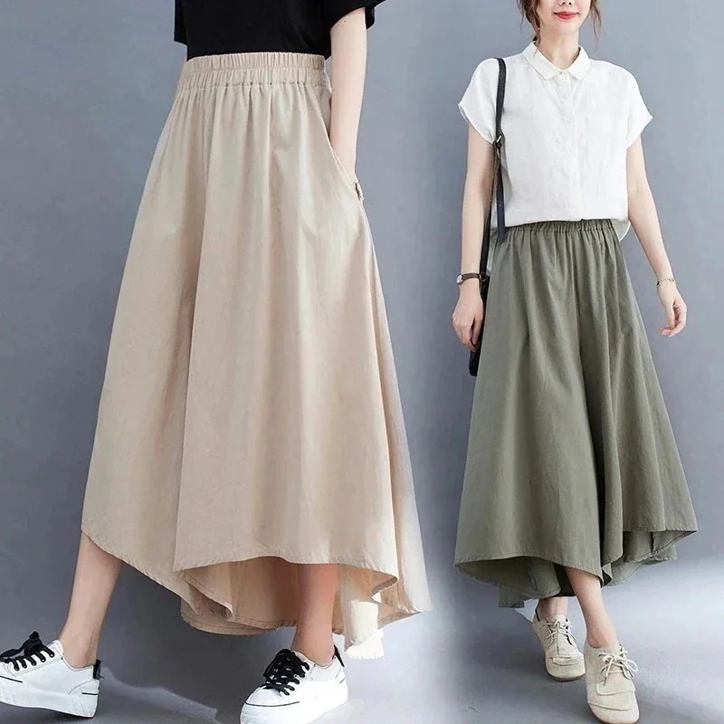 「ファットガール」 キュロットスカート 九分丈 ワイドパンツ 体型カバー ゆる 大きいサイズ 不規則裾 スラックス ゴム ハイウエスト レディース 袋付き ロングパンツ フレア メガ割