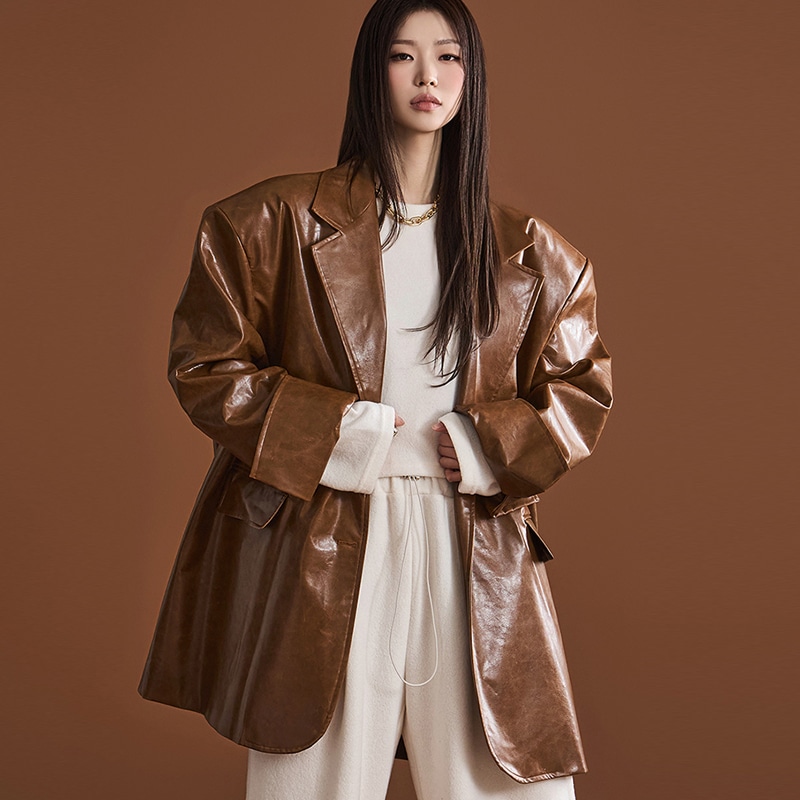 J9270 クラック レザー オーバーフィット シングル ジャケット