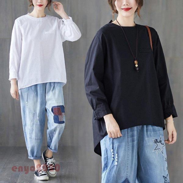 シャツ レディース トップス ブラウス tシャツ シャツブラウス 夏 丸首 チュニック 長袖 大きいサイズ 無地 40代 黒 通学 カジュアル