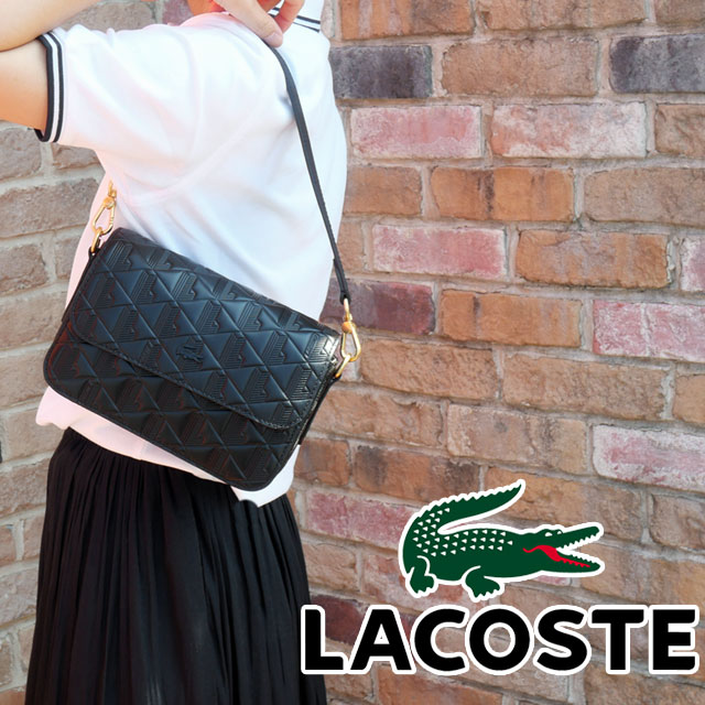 ラコステ ショルダーバッグ レディース NF4712 マヘキ レザーメッセンジャーバッグ 肩掛け バック BAG 小物 わに 鰐 モノグラム お出かけ プレゼント 鞄 黒 evi
