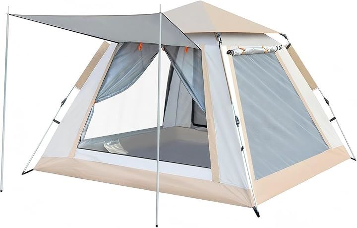 テント ポップアップテント 自動展開テント 前室あり ワンタッチテント キャンプテント 簡易テント ダブルドア・窓 210D 初心者向け 簡単設営 二重層(ベージュ, 3～4人用)