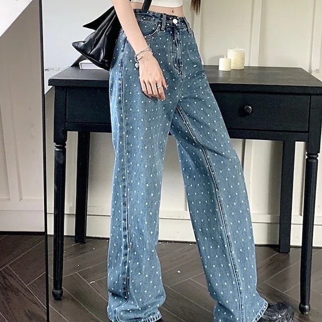 2024春夏パンツ デニム ジーンズ ドット柄 ワイド ストレート ハイウエスト 脚長効果 美脚効果 細見え 春 カジュアル おしゃれ かわいい 韓国ファッション レディース お出かけ