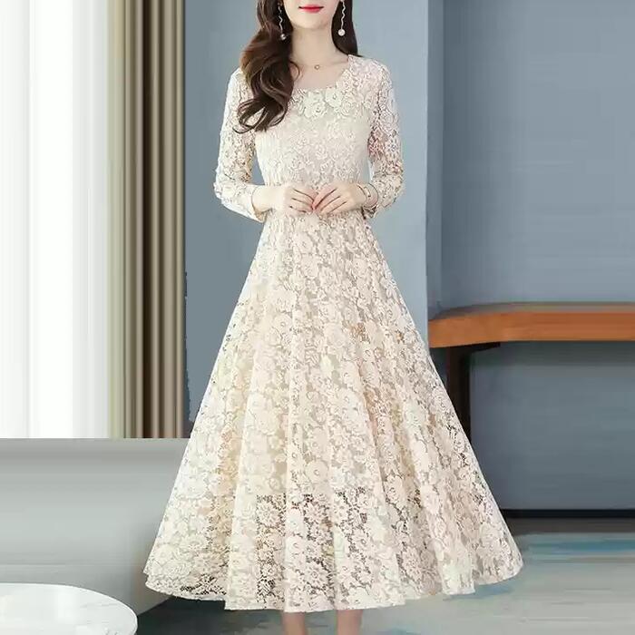ワンピース ワンピ ドレス 袖あり レース レディース エレガント きれいめ カジュアル 長袖 大人 可愛い フェミニン ミモレ丈 ロングワンピ Aライン 透け感 フォーマル お呼ばれ オケージョン