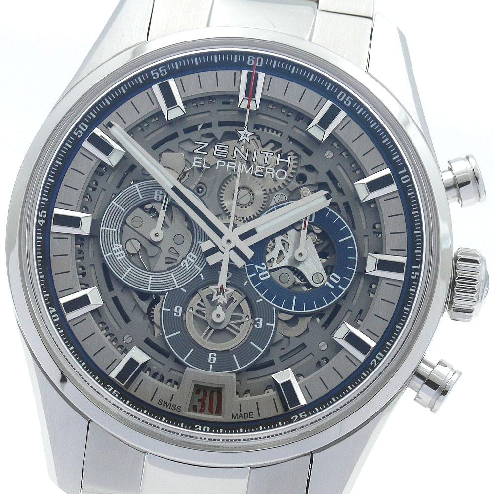 ゼニス ZENITH 03.2081.400 エルプリメロ フルオープン デイト クロノグラフ 自動巻き メンズ 美品 箱・保証書付き_869655【中古】