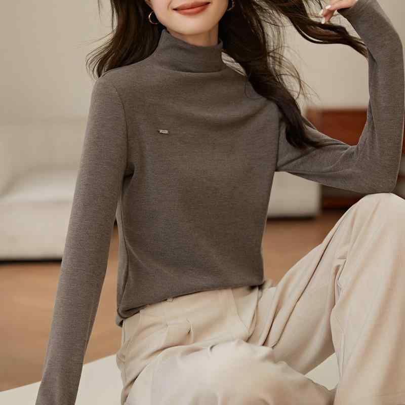 トップス 春秋 長袖 スリムフィット シャツ レディース ハイネック シンプル カジュアル トレンド スタイリッシュ 厚手 ファッション 柔軟性