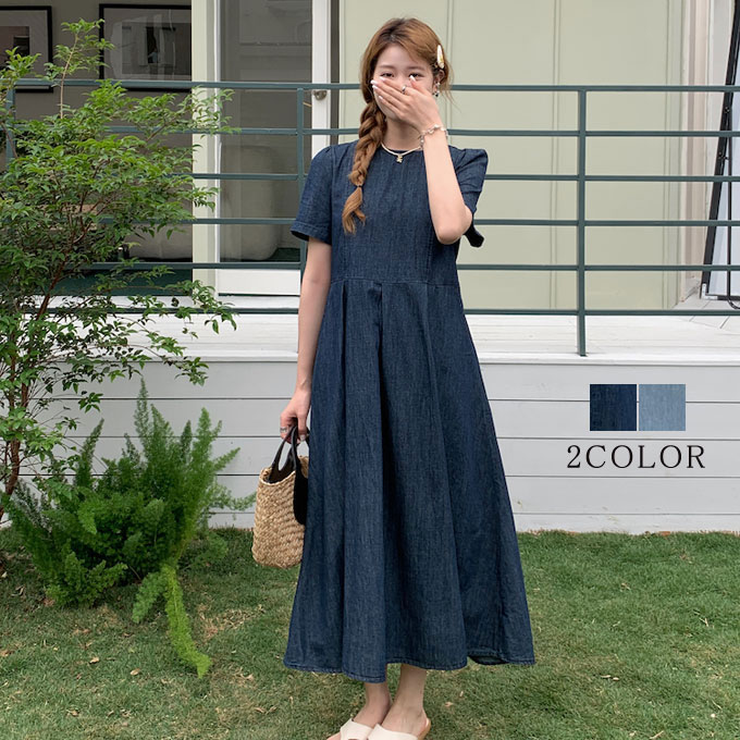 デニムワンピース 半袖 ロング レディース マキシワンピース ロングワンピース ゆったり 体型カバー 可愛い 春夏 後ろ並んだボタンデザイン 送料無料