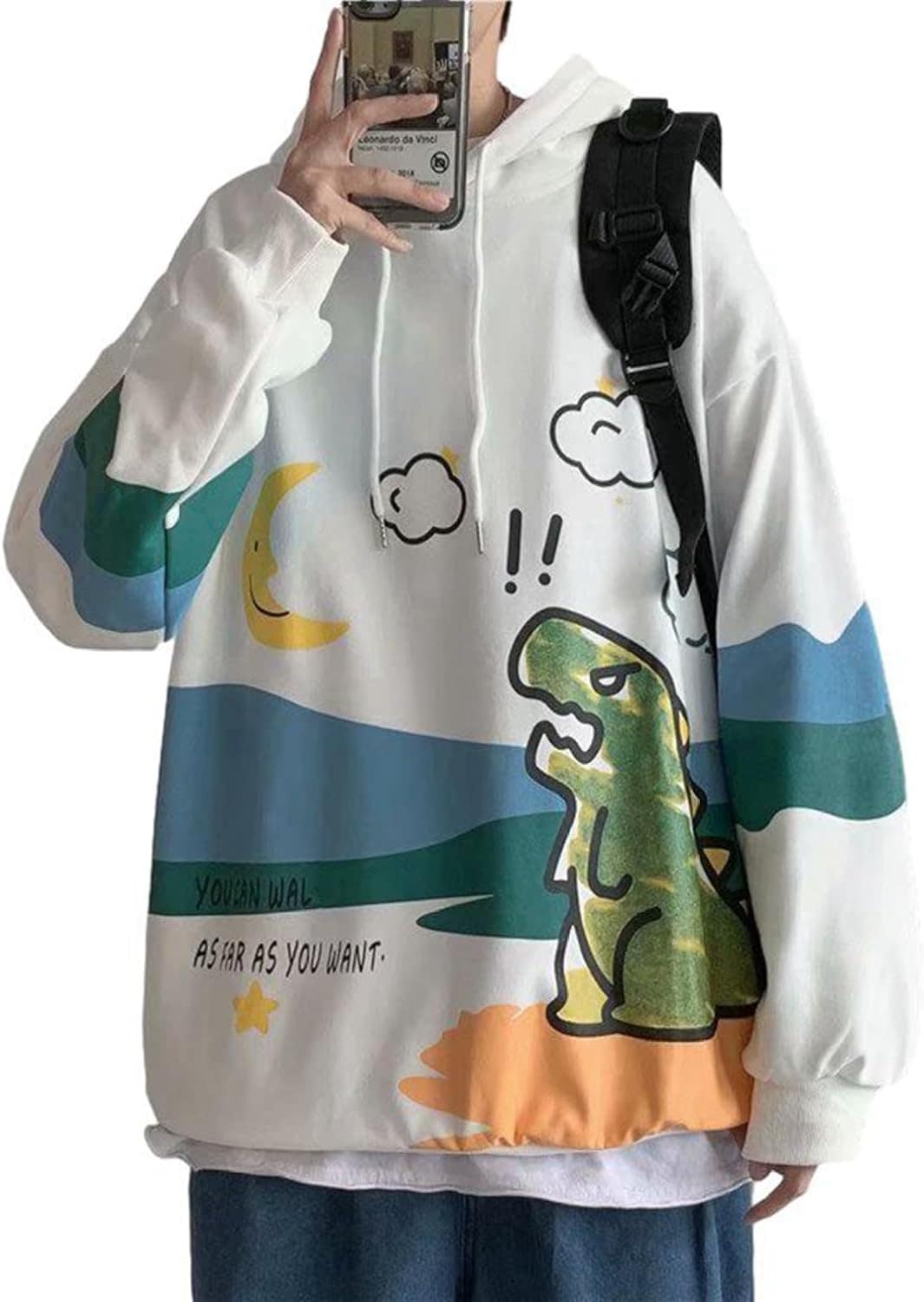 パーカー メンズ 恐竜柄 フード付き プルオーバー 秋服 男女兼用 オーバーサイズ 長袖 トップス お洒落 漫画プリント お揃い スウェットパーカー 伸縮性 薄手 快適 カジュアル ストリート 散歩