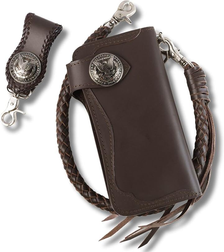 バイカーズウォレット 長財布 ウォレットチェーン ドロップハンドル ベルトループ セット ライダースウォレット レザーウォレット 二つ折り メンズ (ダークブラウンxシルバーイーグル)
