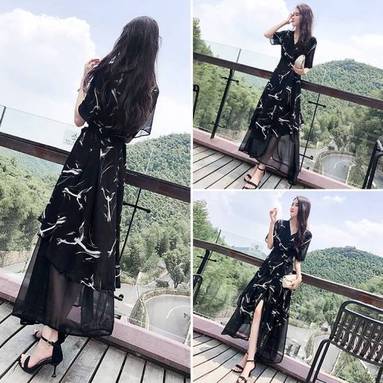 新品掲載！ワンピース ドレス パーティードレス レディース ロングワンピース ブラック シフォン フレア Vネック 半袖 マキシ丈 透け感 リボン エレガント 爽やか 20代 30代 40代 大きいサ