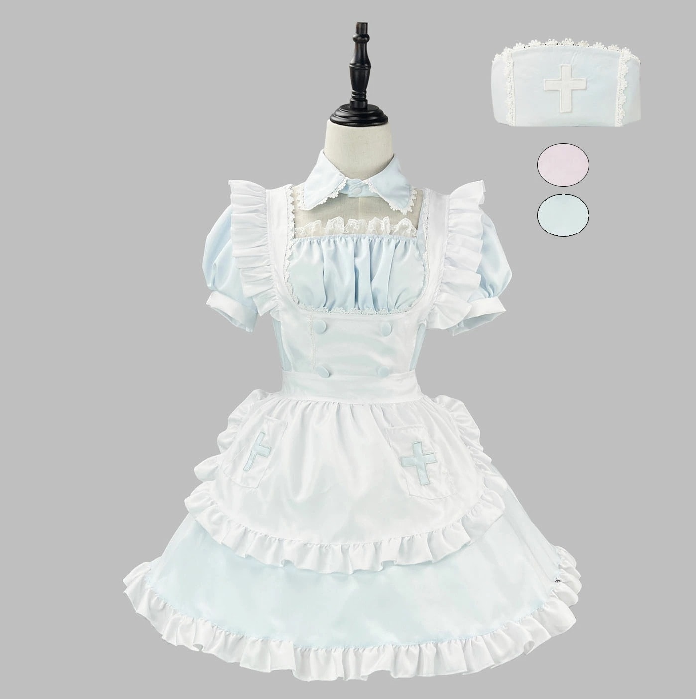 迅速な出荷 メイド服 半袖 膝丈 ショート丈 メイド服 レディース 女装 ナース 看護婦 メイドコスチューム 大人 十字架 裾フリル エプロンドレス ミニドレス 帽子 つけ襟 ミニ メイド ドレス カ
