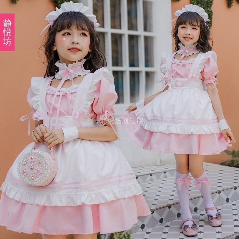日本のピンクの女の子のメイド服子供服ロリータメイドかわいいロリータドレス子供用パフスカートプリンセス