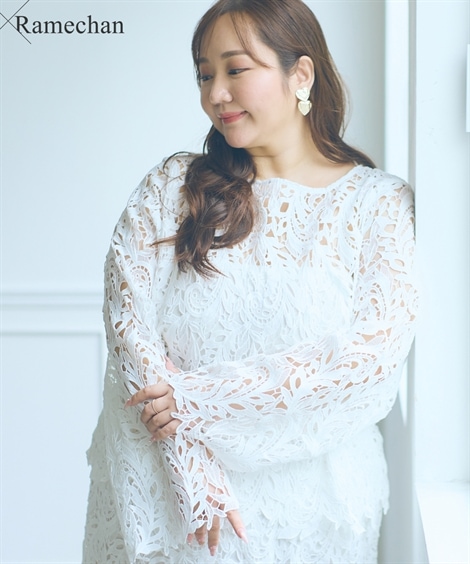 シャツ・ブラウス 大きいサイズ らめちゃんコラボ 3way リーフモチーフトップス