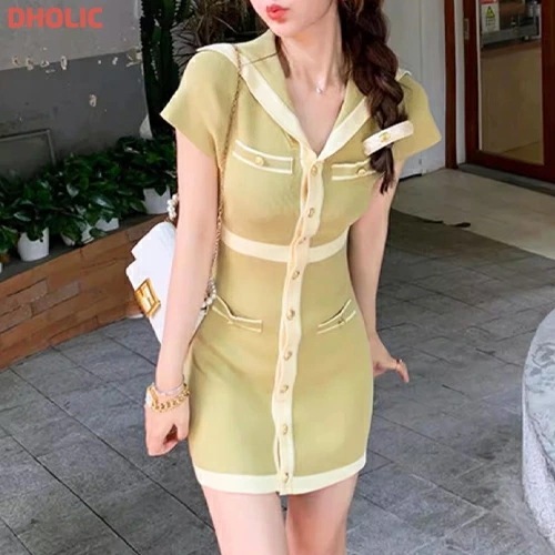 [メガ割りSALE]配色ボタン半袖ワンピースニット