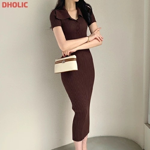 [メガ割りSALE]オープンカラー半袖リブニットワンピース