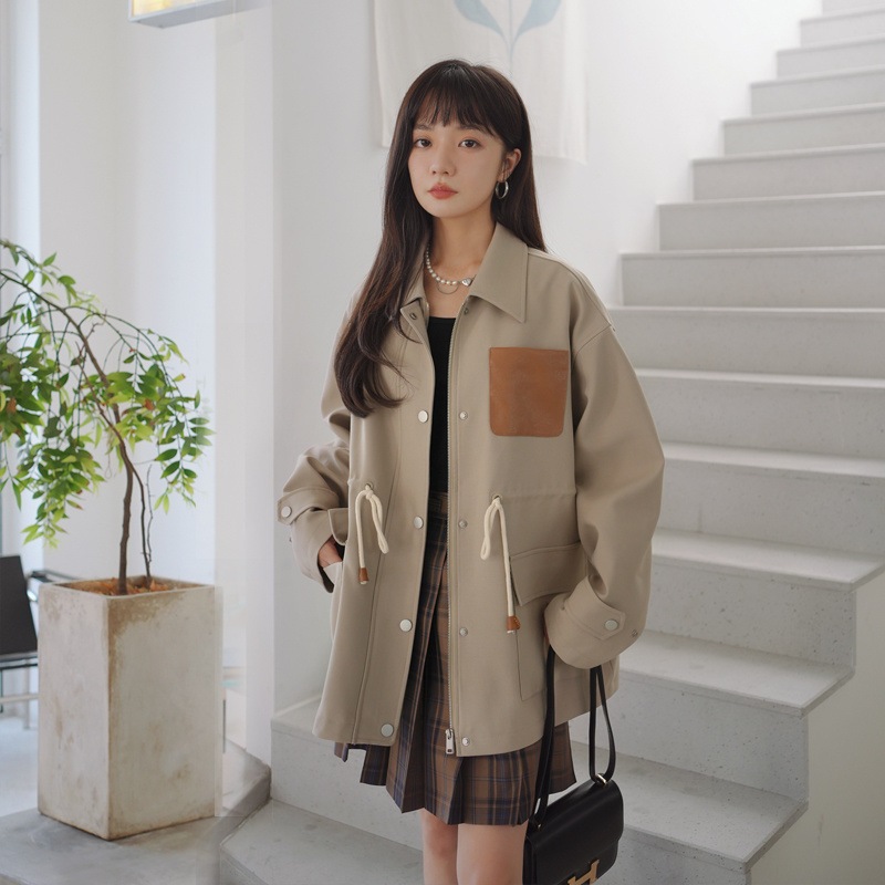 2025 春多用途カーキ英国カレッジスタイル作業服カジュアル小さな巾着ウエストウインドブレーカーショートジャケット