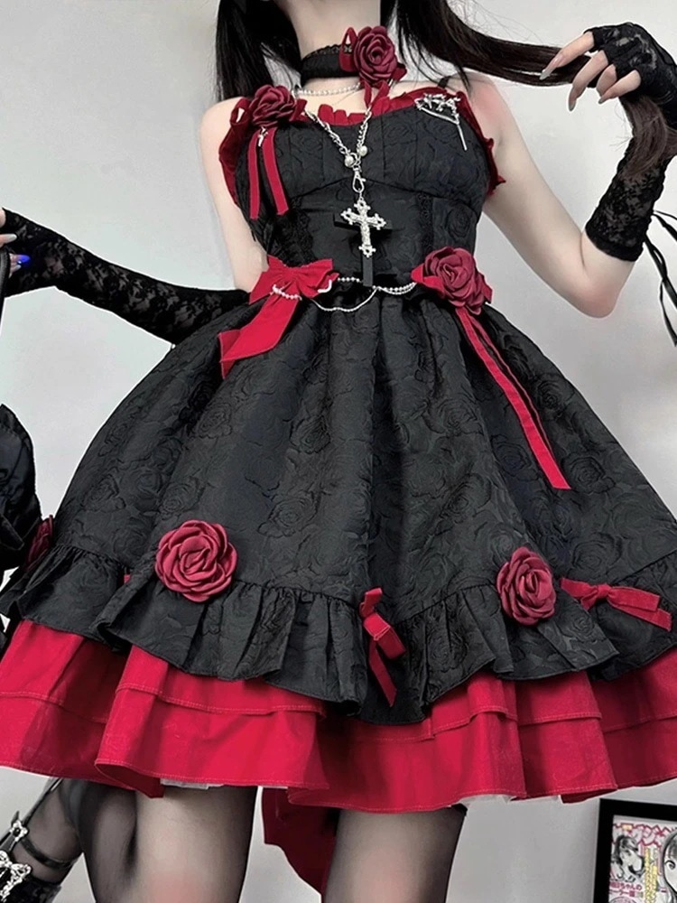 黒と赤のゴスロリドレスjskロリータ重工小さなふわふわ尻尾プリンセスドレス期間限定30% 9,366円