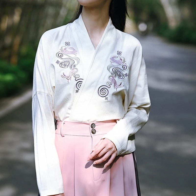 チャイナ風トップス チャイナシャツ 刺繍カーディガン レディース 杏色 黒色 Vネックトップス 改良漢服