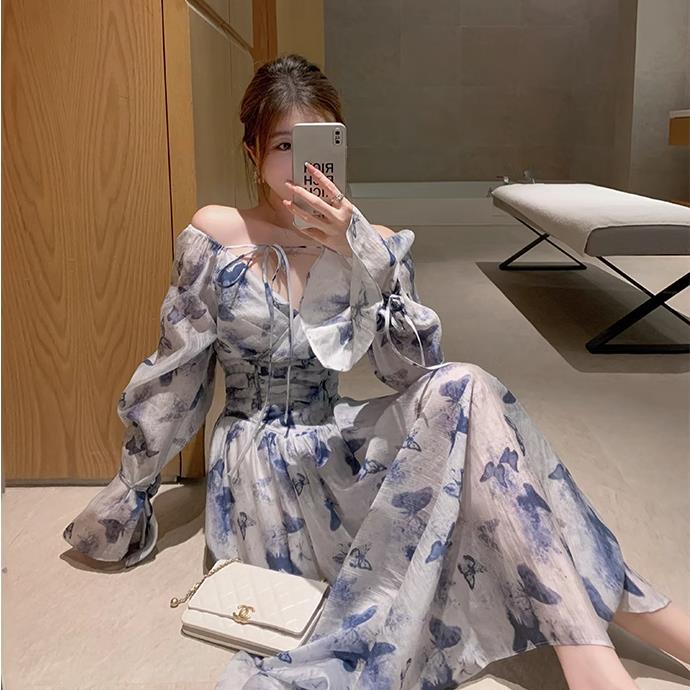 全店任意2枚購入で100円OFFロングワンピース シースルー ワンピース プリント ワンピ シフォン 長袖 Vネック かわいい ガーリー カジュアル ナチュラル 薄手 涼しい サマードレス リゾート