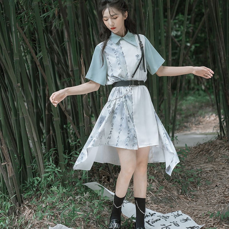 チャイナ風ワンピース シャツワンピース 膝丈 夏 レディース 配色ワンピース 不規則 ワンピース 刺繍 半袖 文字柄 緑