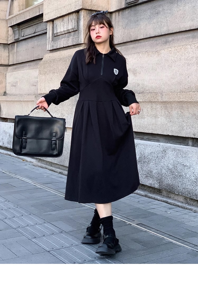 ジッパー ポロ 襟 大きいサイズ セーター ドレス クール 個性的 ワンピース ロング ロング丈 袖あり 長袖 襟付き 大人可愛い シンプル カジュアル 大人 おしゃれ お洒落 無地 秋 冬 10代