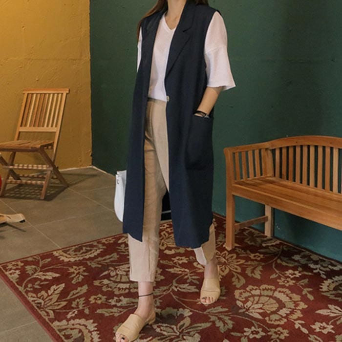 【夏セール！】夏ジレ カジュアルコート ロングジレ ロングベスト レディース トレンチベスト 膝丈 ひざ丈 ミディアム丈 襟付き アウター 大きいサイズ 小さいサイズ　小柄　ネイビー　グリーン キャメ 5,286円