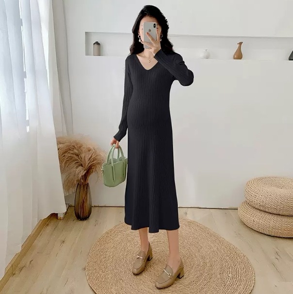 マタニティ ワンピース 袖あり 長袖 Vネック 襟なし デザイン 美ライン ニュアンス リブ 伸縮性 ストレッチ カラバリ かわいい 大人可愛い きれいめ シンプル カジュアル 大人 上品 おしゃれ