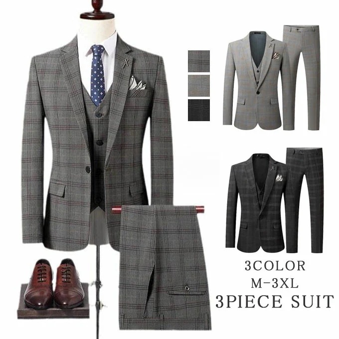スーツ メンズ おしゃれ スーツセットアップ 3ピーススーツ ビジネススーツ チェック柄 スリム カジュアルスーツ フォーマルスーツ 洗える 紳士服 通勤 結婚式