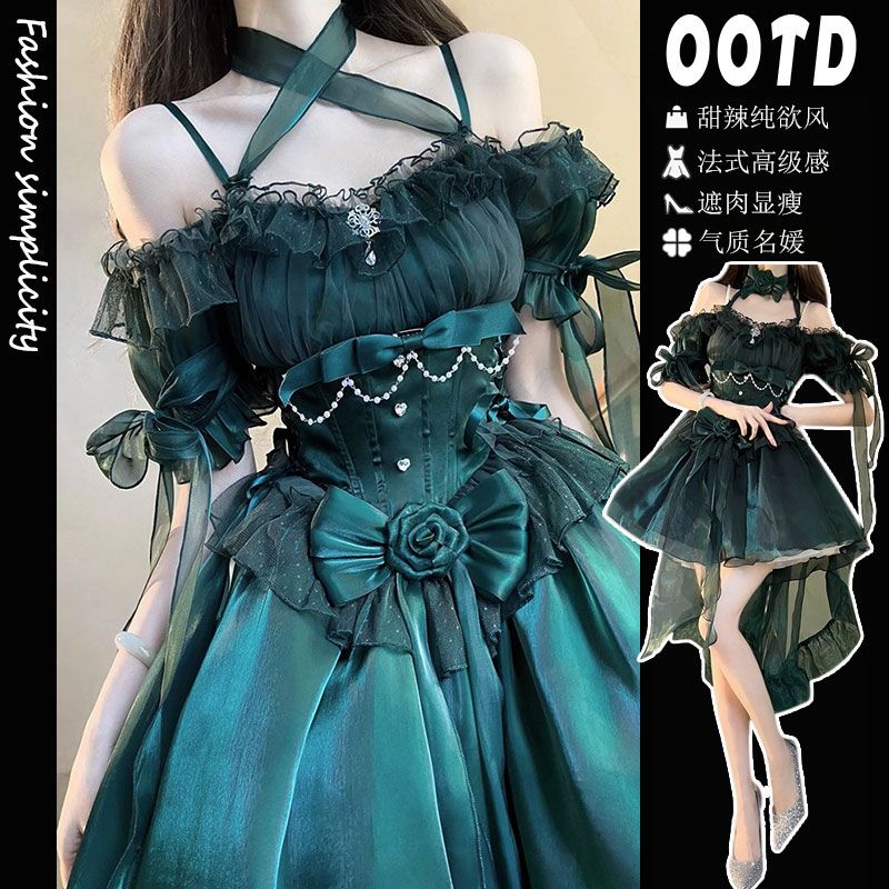 [送料無料]リトルグリーンパフスリーブドレスガールズサマー逃亡者プリンセスヴィンテージパフスカート