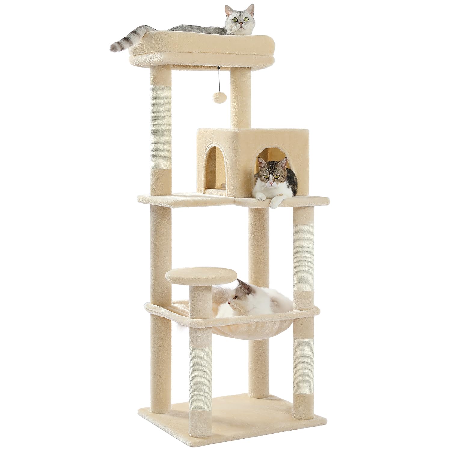 PETEPELA(ぺテぺラ) キャットタワー 猫タワー スリム 大型猫 据え置き 省スペース 登りやすい ハンモック 見晴台 ねこハウス ボンボン 天然麻紐 爪とぎ 運動不足解消 多頭飼い ベージュ