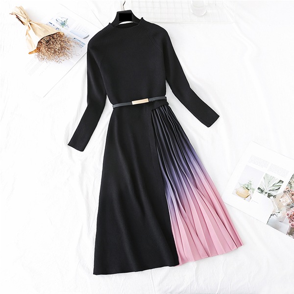 レディース ニットワンピース ワンピース ロング丈 スリム　長袖 ハイネック　リブニット タイト スリット 無地 セクシー　春 秋 5,614円