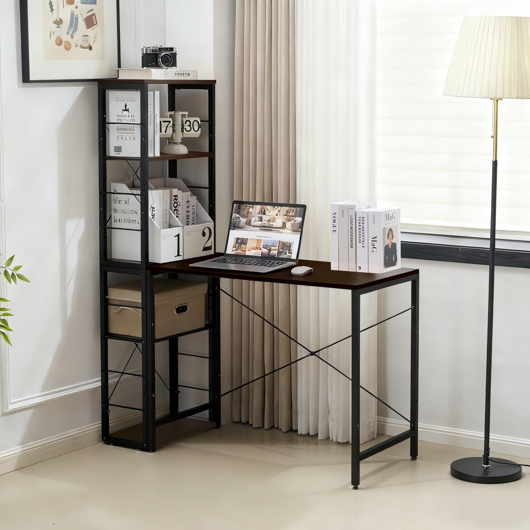 【ダークブラウン】一体分離多用型パソコンデスク パソコンデスク ラック付き デスク ワークデスク 木製 学習デスク