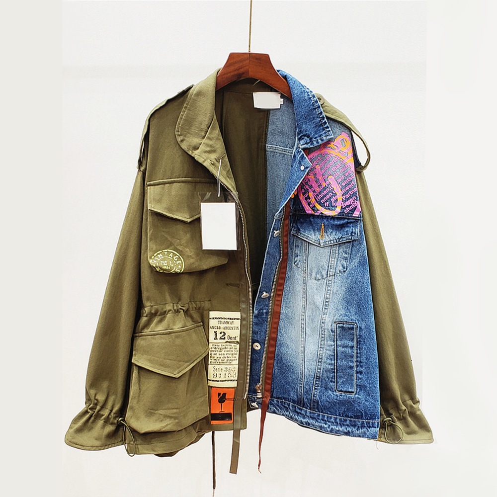 パッチワーク デニムジャケット ユニセックス トップス 長袖 襟付き ストリート ボタン コットン カジュアル ラフ ルーズ 春 秋 お出かけ S M L ゆったり アーミーグリーン 7,308円
