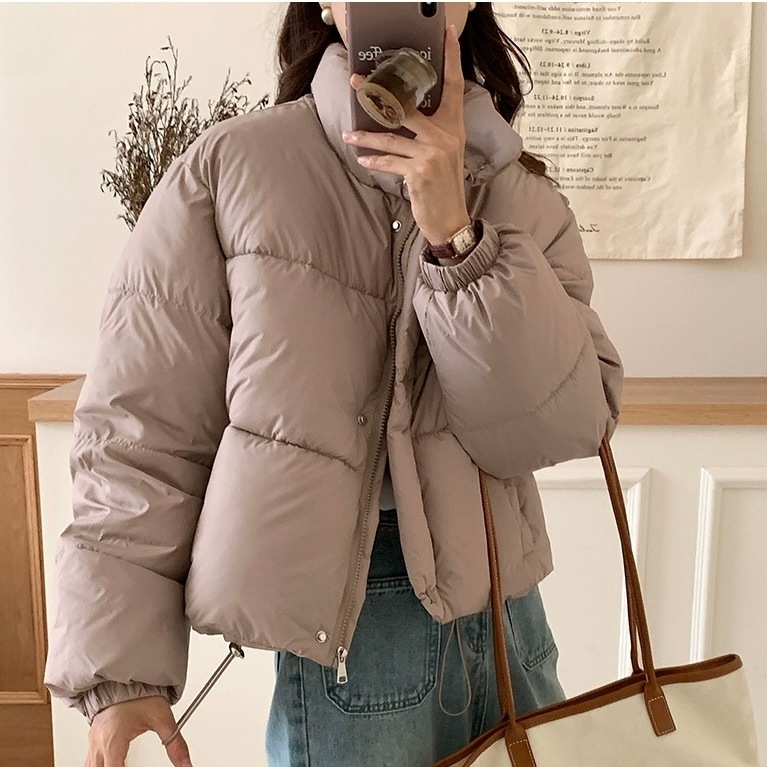 レディース アウター ジャケット ショート丈 長袖 スタンドカラー ルーズ もこもこ ファスナー 前開き ダウン 厚手 大人可愛い きれいめ シンプル 上品 お洒落 無地 オルチャン 20代 こなれ感