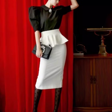 レディース スカート トップス シャツ ブラウス セットアップ ペンシルスカート ミモレ アシンメトリー 5分袖 パフスリーブ シフォン ハイウエスト コンサバ ビジュー きれいめ シンプル