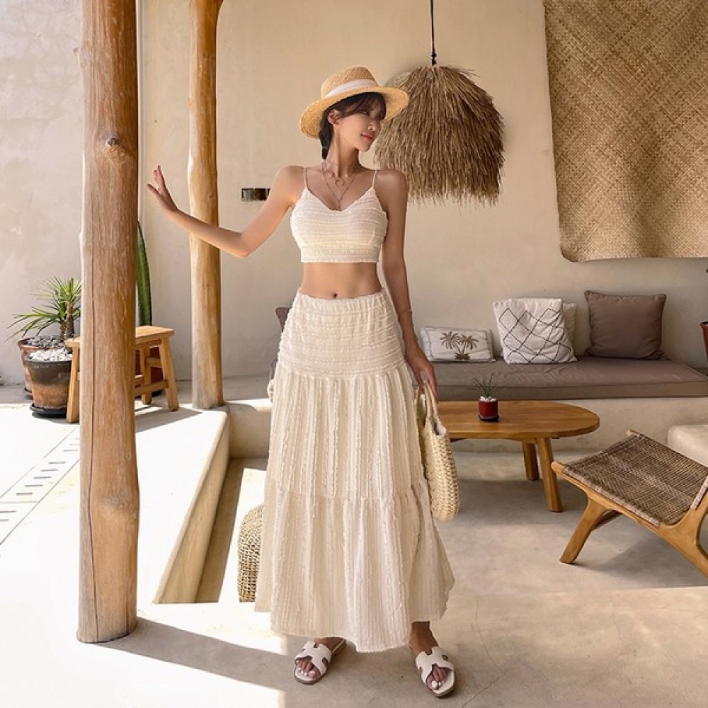 (Vivarup) キャップ付属) ウェーブスカートセットアップ OP19917F サマーレースナシツーピースリゾートバケーションデートルック